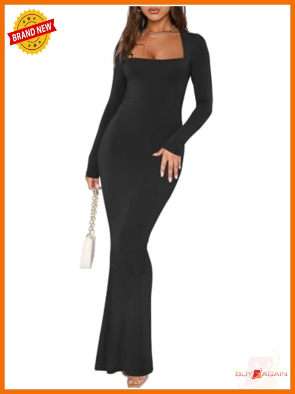 REORIA Square Neck Long Sleeve Ribbed Bodycon Maxi Dress